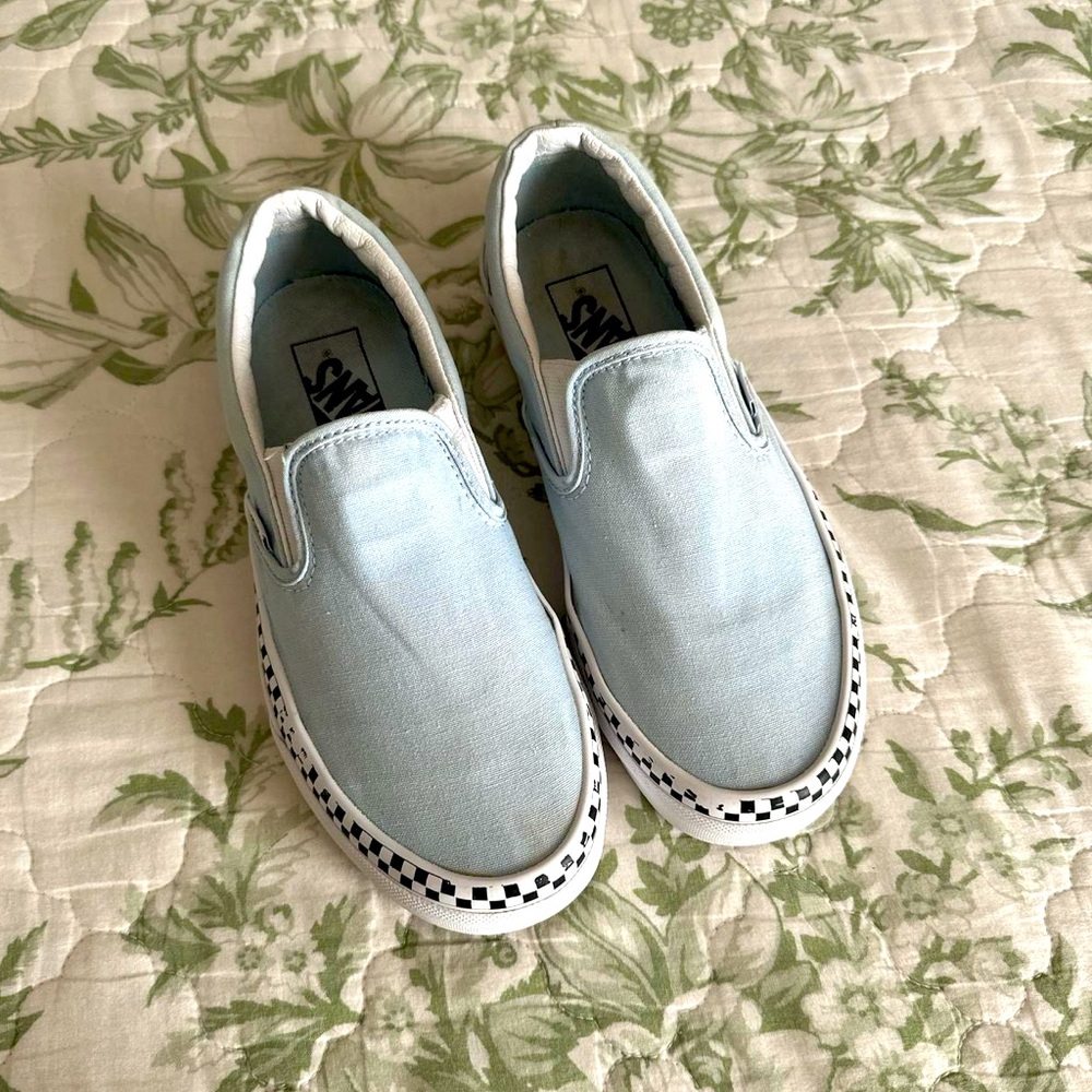 Blue Checkered Vans slip-ons